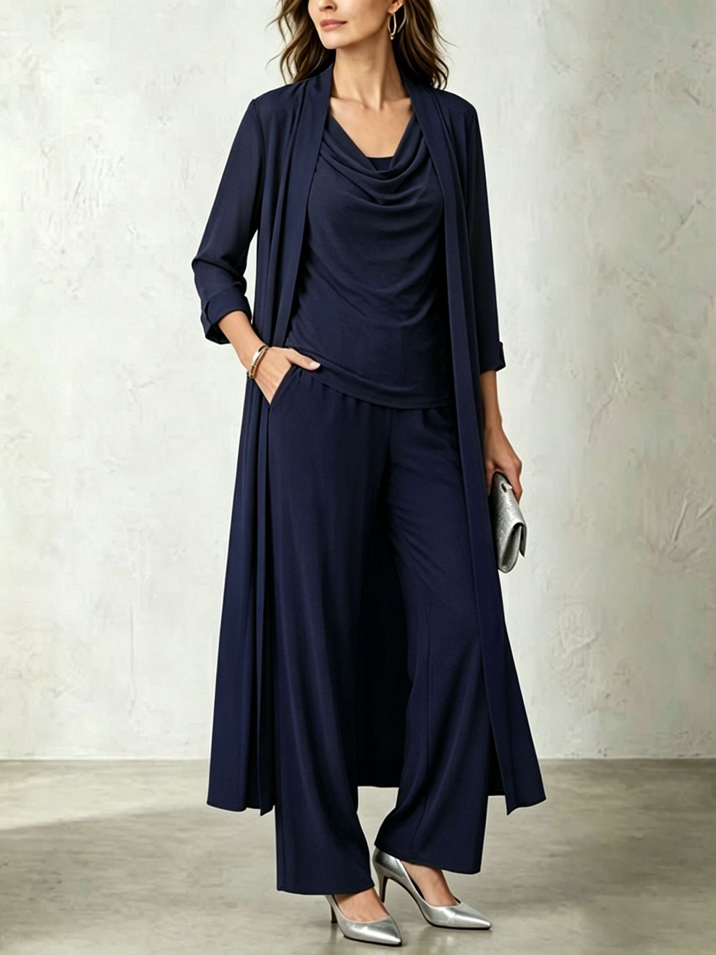 Women's 3 Piece Cowl Neck Long Cardigan Wide Leg Pants Set