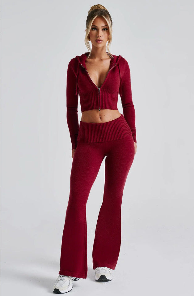 Women's 2 Piece Knit Hoodie Crop Top Pants Set
