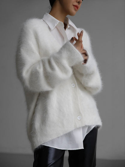 Pink Faux Mink Knit Oversized Cardigan Soft Fluffy Sweater