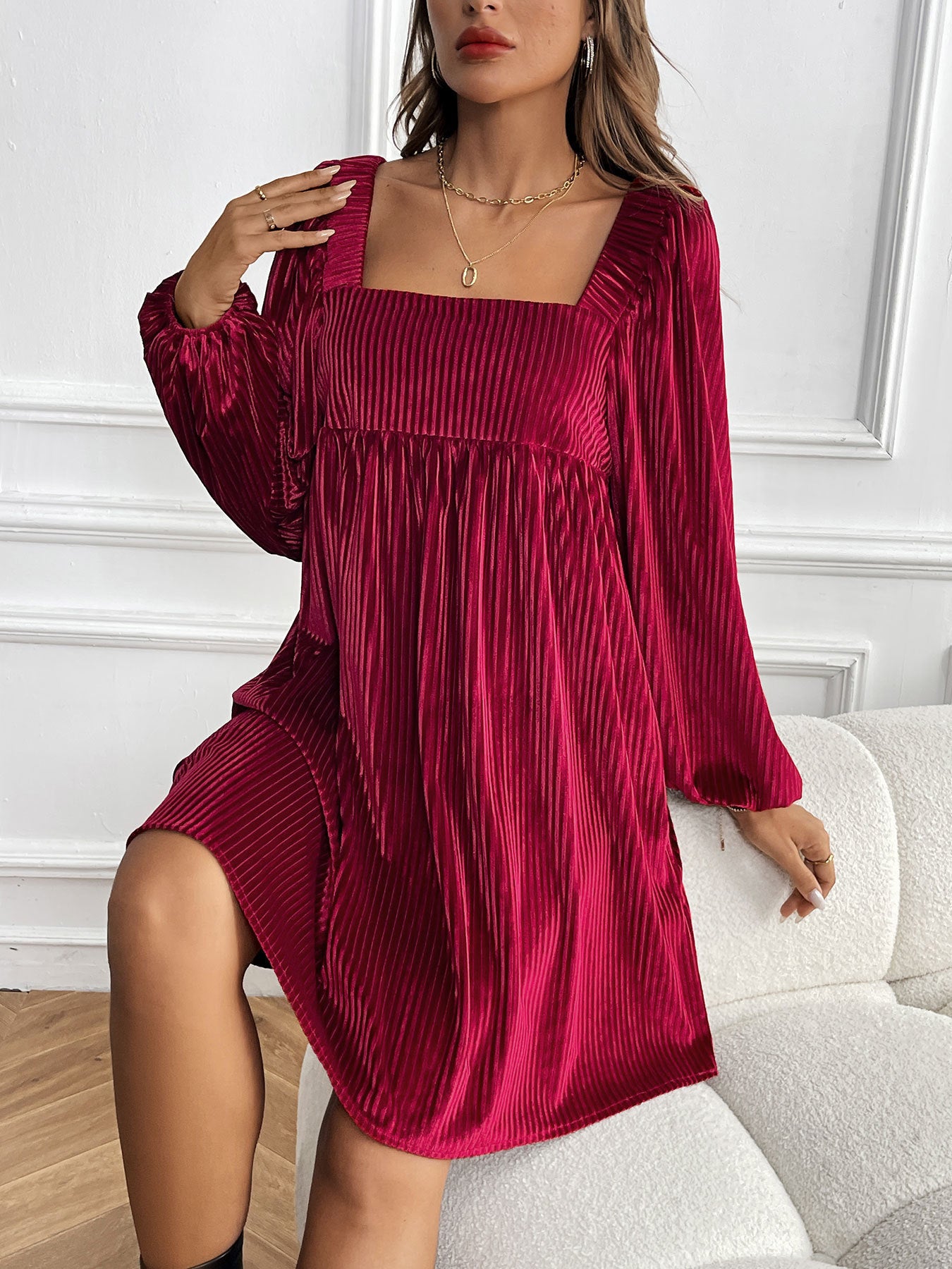 Velvet Babydoll Mini Dress Square Neck Holiday Party Dress