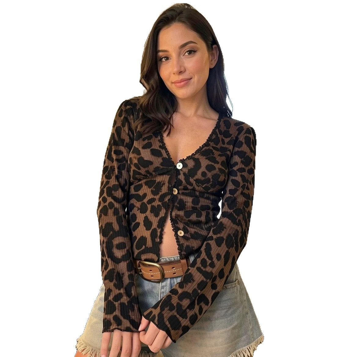 Y2K Leopard Print V Neck Button Front Crop Cardigan