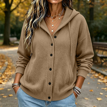 Women's Hooded Button Front Knit Cardigan Sweater Pockets