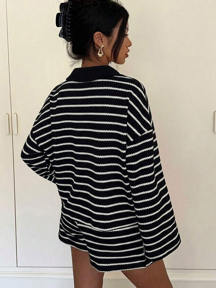Striped Polo Lounge Set Long Sleeve Top & Shorts Set