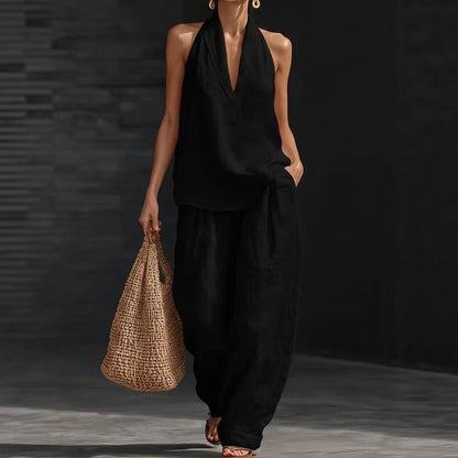 Women's Sleeveless Halter Top Wide Leg Pants Matching Set