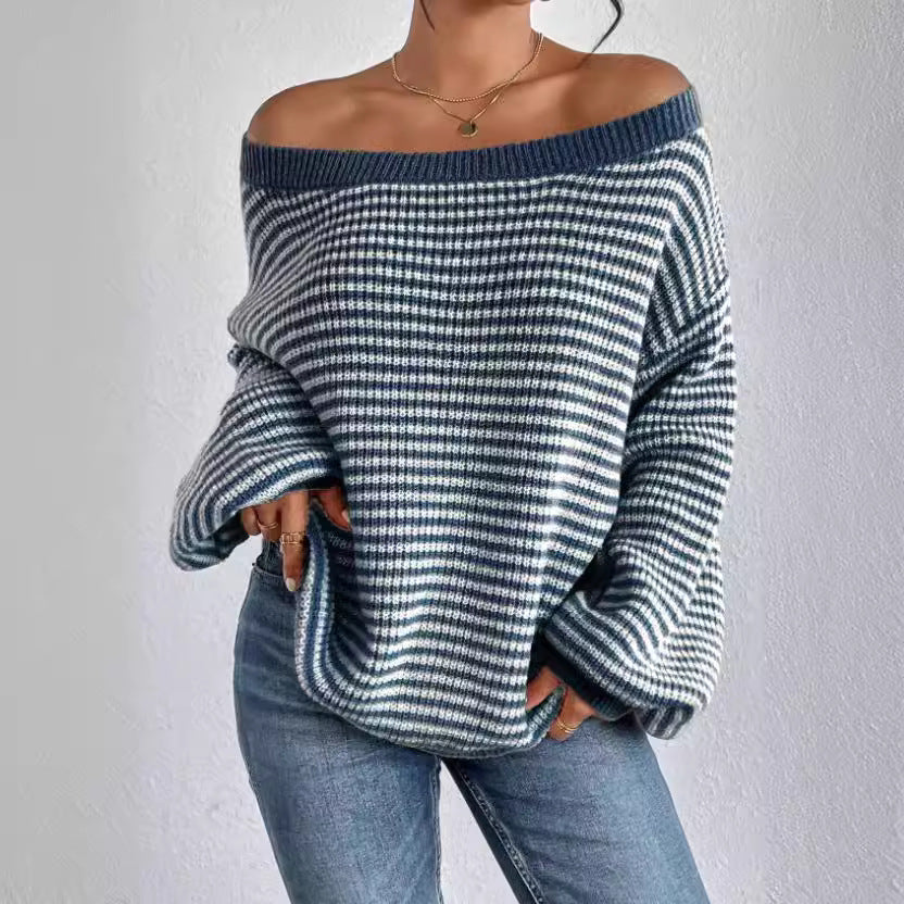 Women's Off Shoulder Striped Balloon Sleeve Sweater