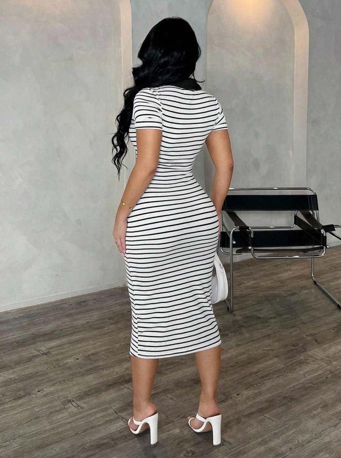Polo Collar Stripe Bodycon Midi Dress Short Sleeve Casual