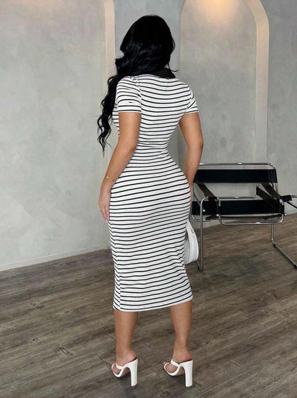 Polo Collar Stripe Bodycon Midi Dress Short Sleeve Casual