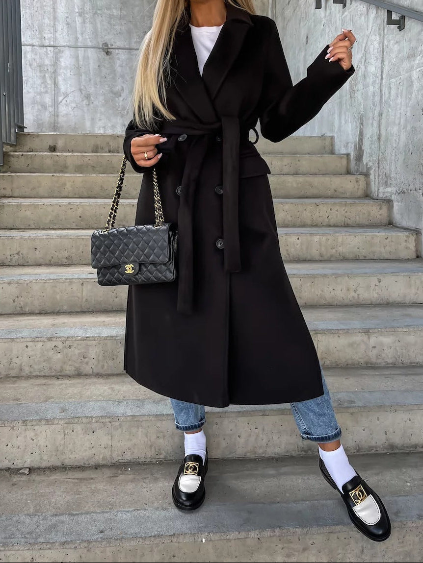 Women's Lapel Button Front Long Coat with Slit