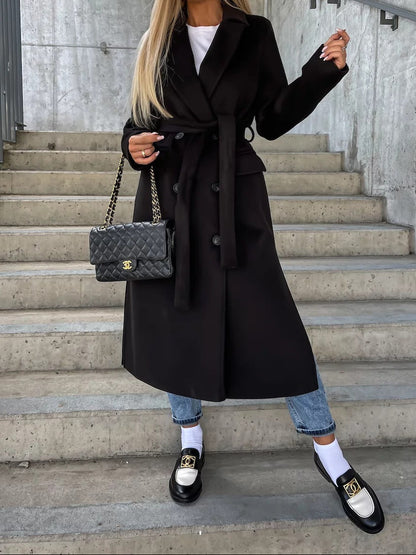 Women's Lapel Button Front Long Coat with Slit