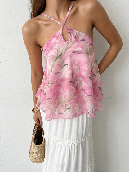 Floral Halter Chiffon Top Backless Layered Summer Vacation Pink