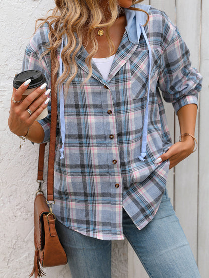 Plaid hooded button down shirt oversized fit