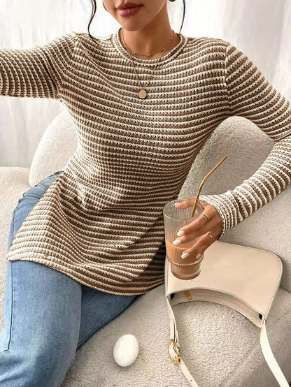 Striped Ribbed Knit Long Sleeve Side Slit Casual Top