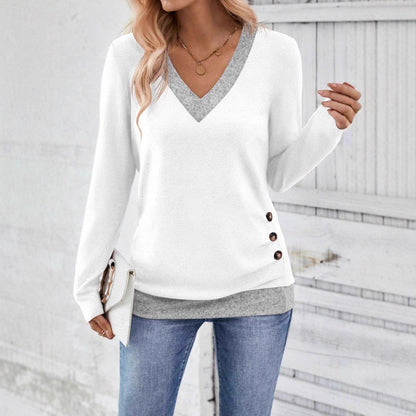Women's Color Block V-Neck Long Sleeve Top Side Buttons