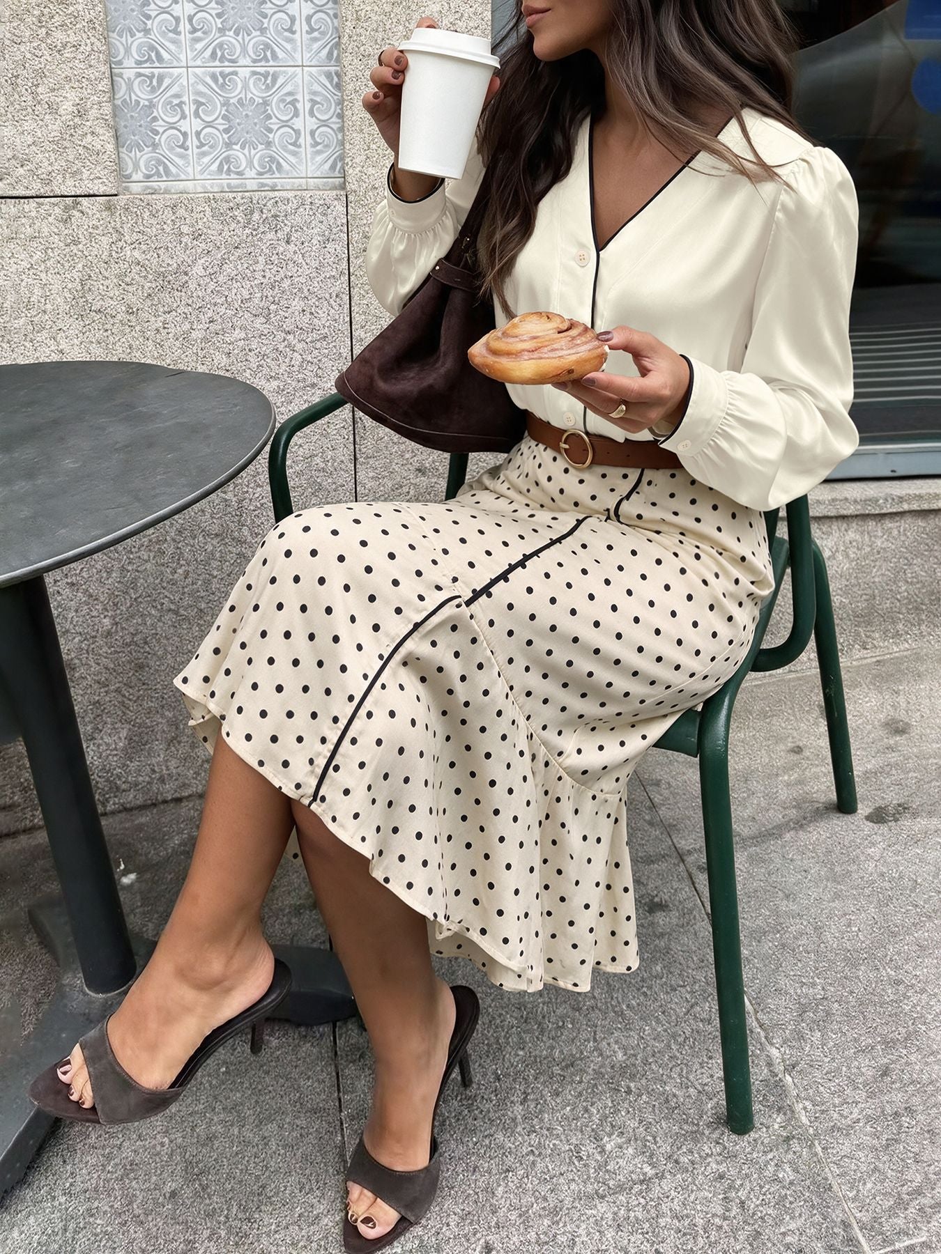 Women's Elegant Satin Blouse Polka Dot Midi Skirt Belted Set
