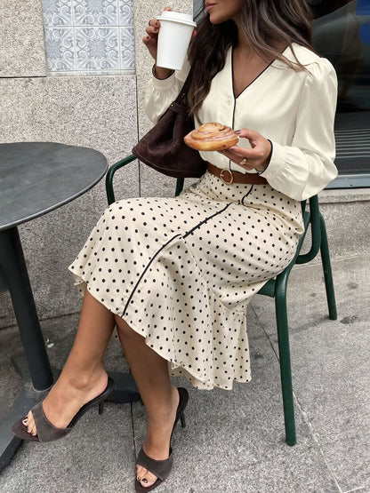 Women's Elegant Satin Blouse Polka Dot Midi Skirt Belted Set