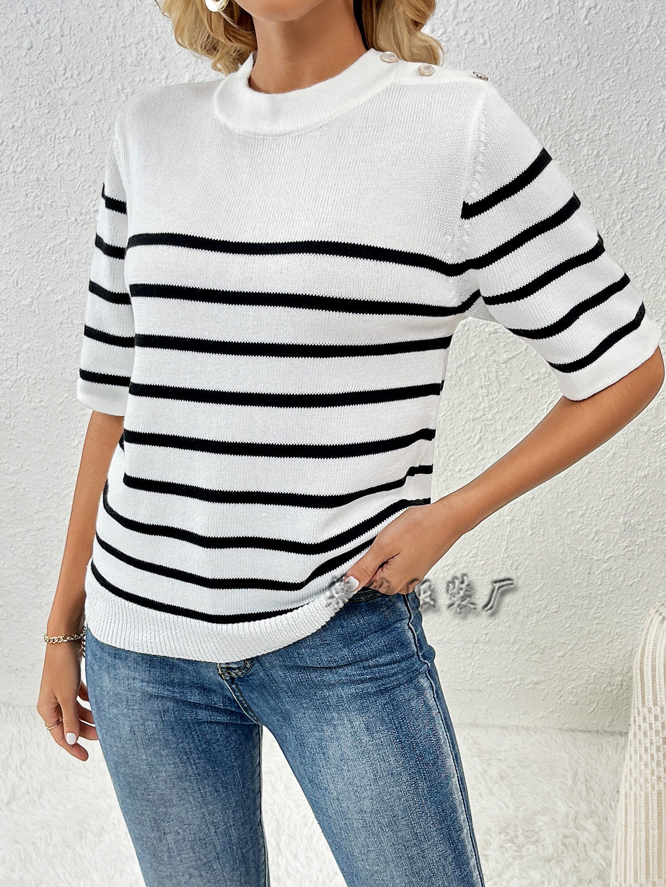 Striped Knit Sweater Tee Button Shoulder Casual Pullover