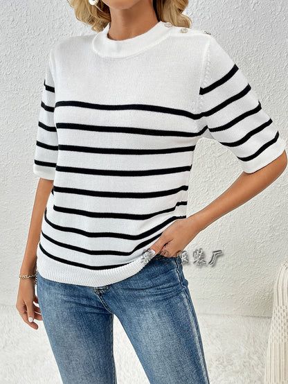 Striped Knit Sweater Tee Button Shoulder Casual Pullover