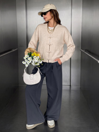 Frog Closure Knit Cardigan Long Sleeve Relaxed Fit