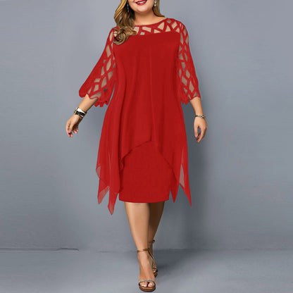 Plus Size Lace Chiffon Midi Dress Asymmetrical 3/4 Sleeve