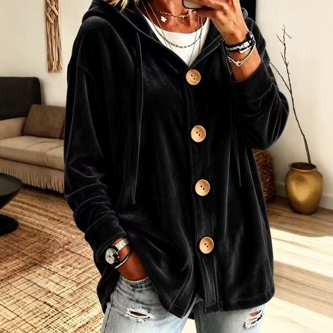 Women's Oversized Velvet Hoodie Cardigan Button Front