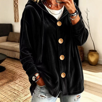 Women's Oversized Velvet Hoodie Cardigan Button Front