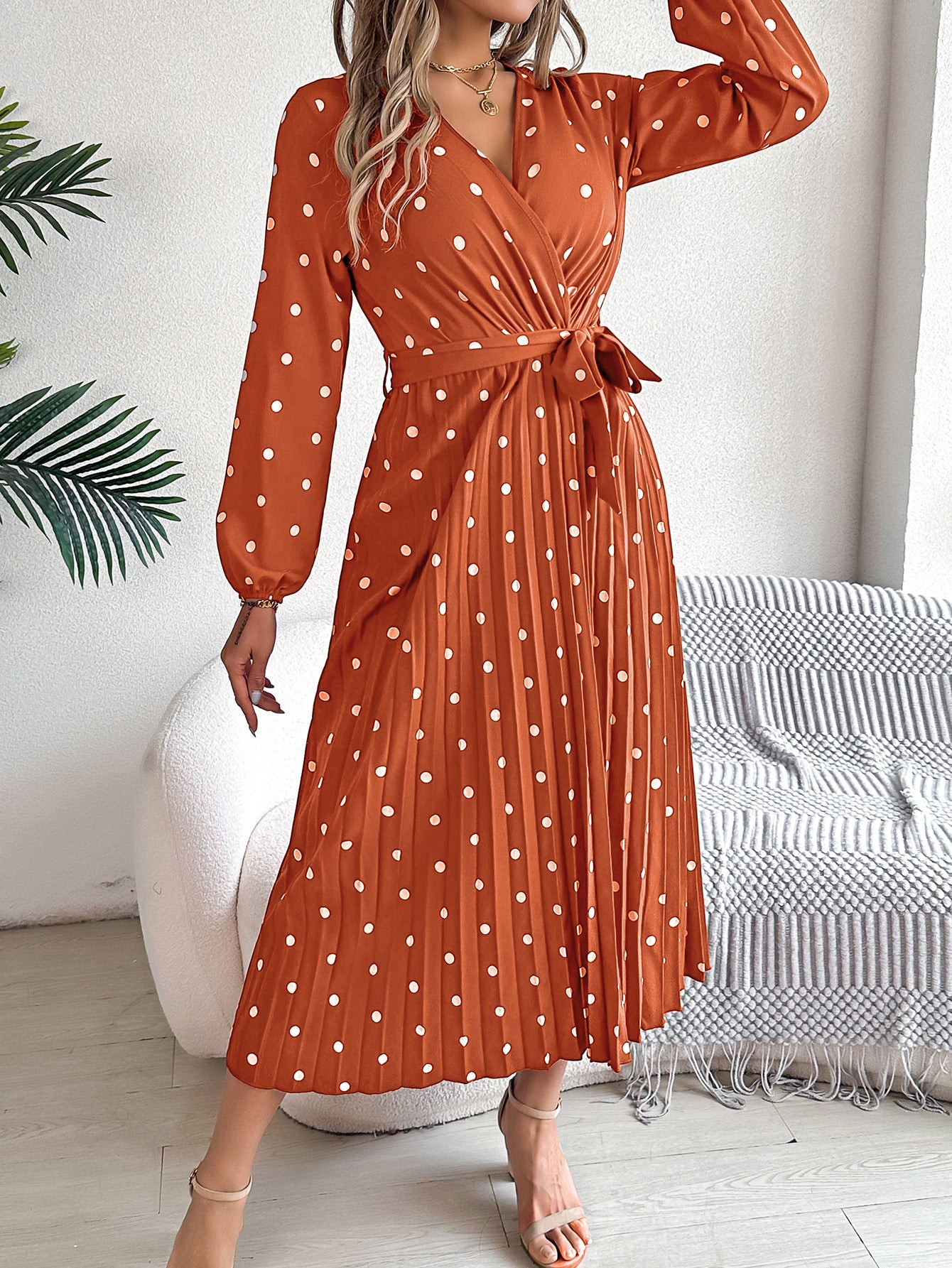 Elegant Polka Dot Cross-Over V-Neck Pleated Midi Dress