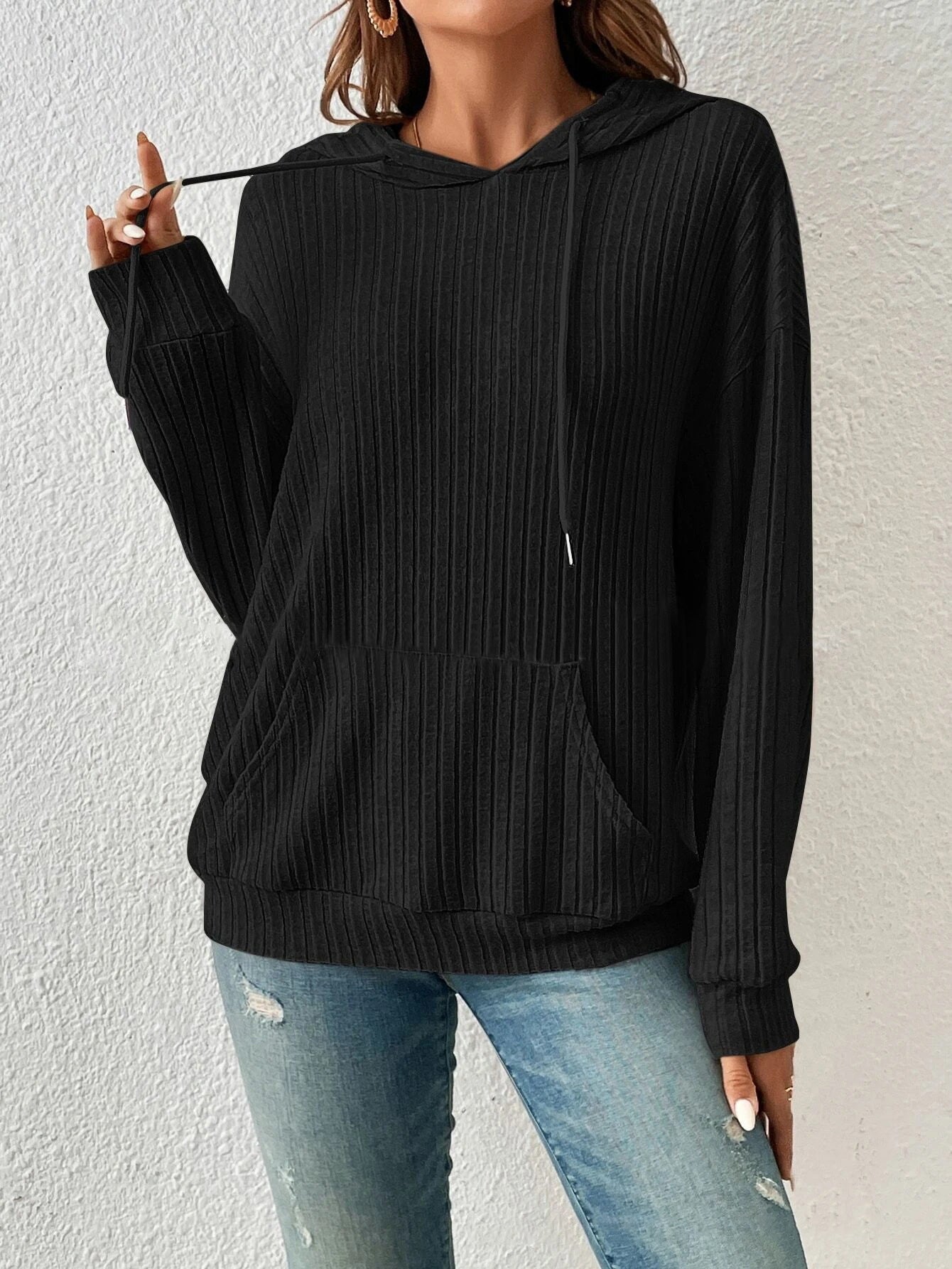 Cozy Ribbed Knit Hoodie with Kangaroo Pocket