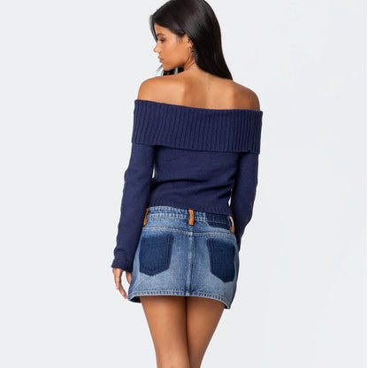 Off Shoulder Ribbed Knit Sweater Long Sleeve Crop Top