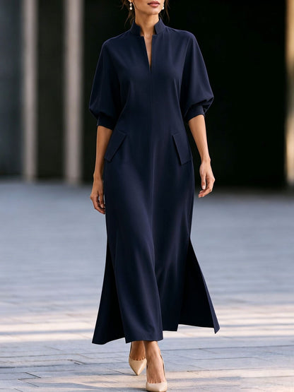 Elegant Mandarin Collar Balloon Sleeve Slit Maxi Dress