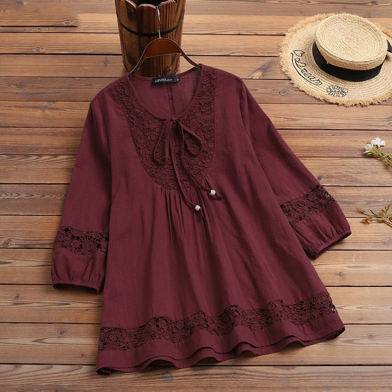 Women's Boho Lace Cotton Linen 3/4 Sleeve Tunic Blouse