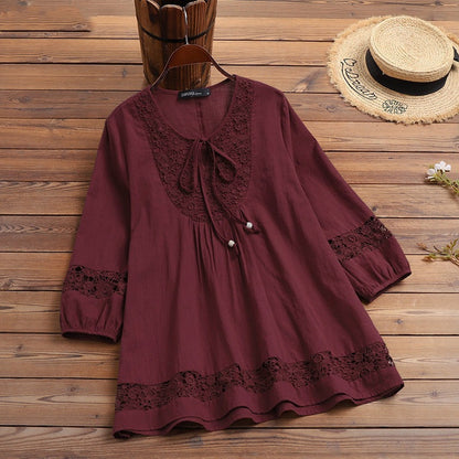 Women's Boho Lace Cotton Linen 3/4 Sleeve Tunic Blouse