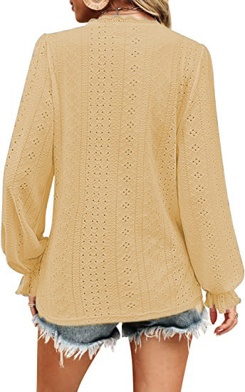 Women's V Neck Lace Long Sleeve Blouse Tunic Top