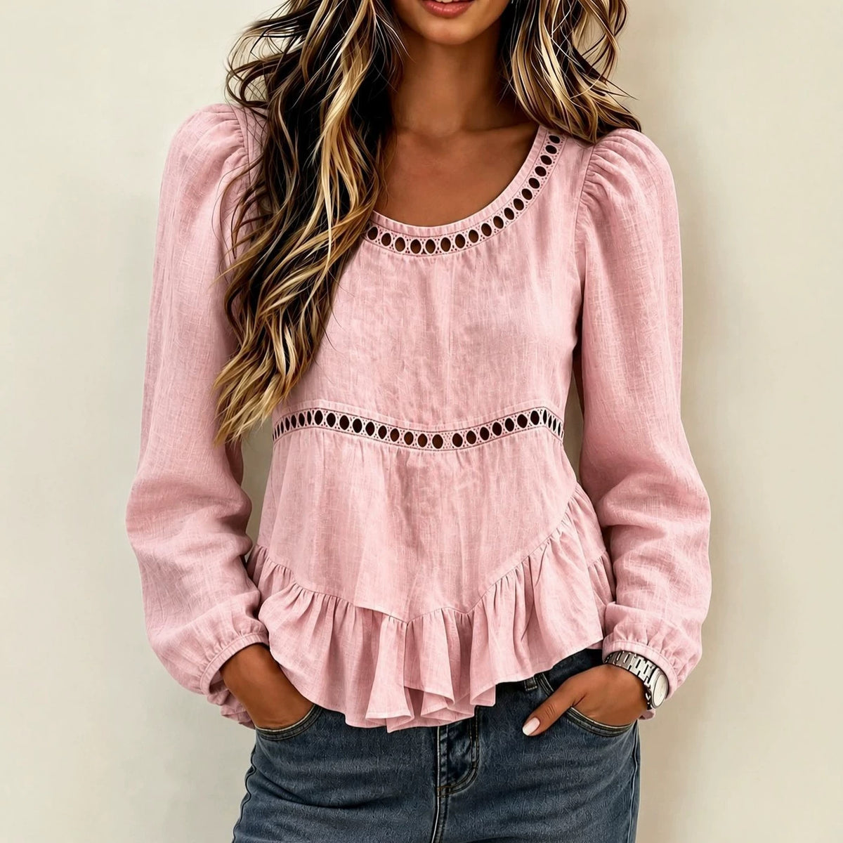 Women's Puff Sleeve Crochet Trim Peplum Cotton Linen Blouse