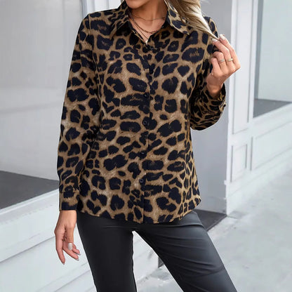 Women's Leopard Print Button Down Long Sleeve Blouse