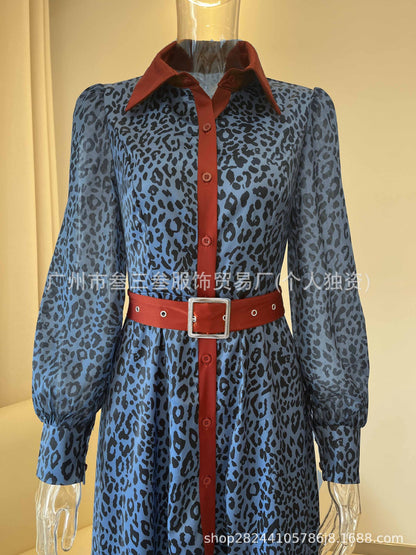 Blue Leopard Print Long Sleeve Shirt Midi Dress