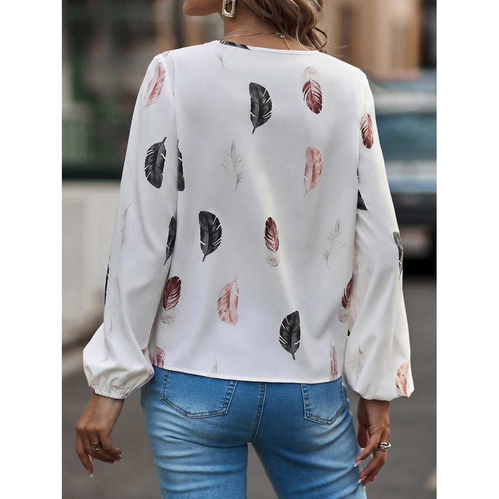 Feather Print V Neck Chiffon Blouse Long Sleeve Top