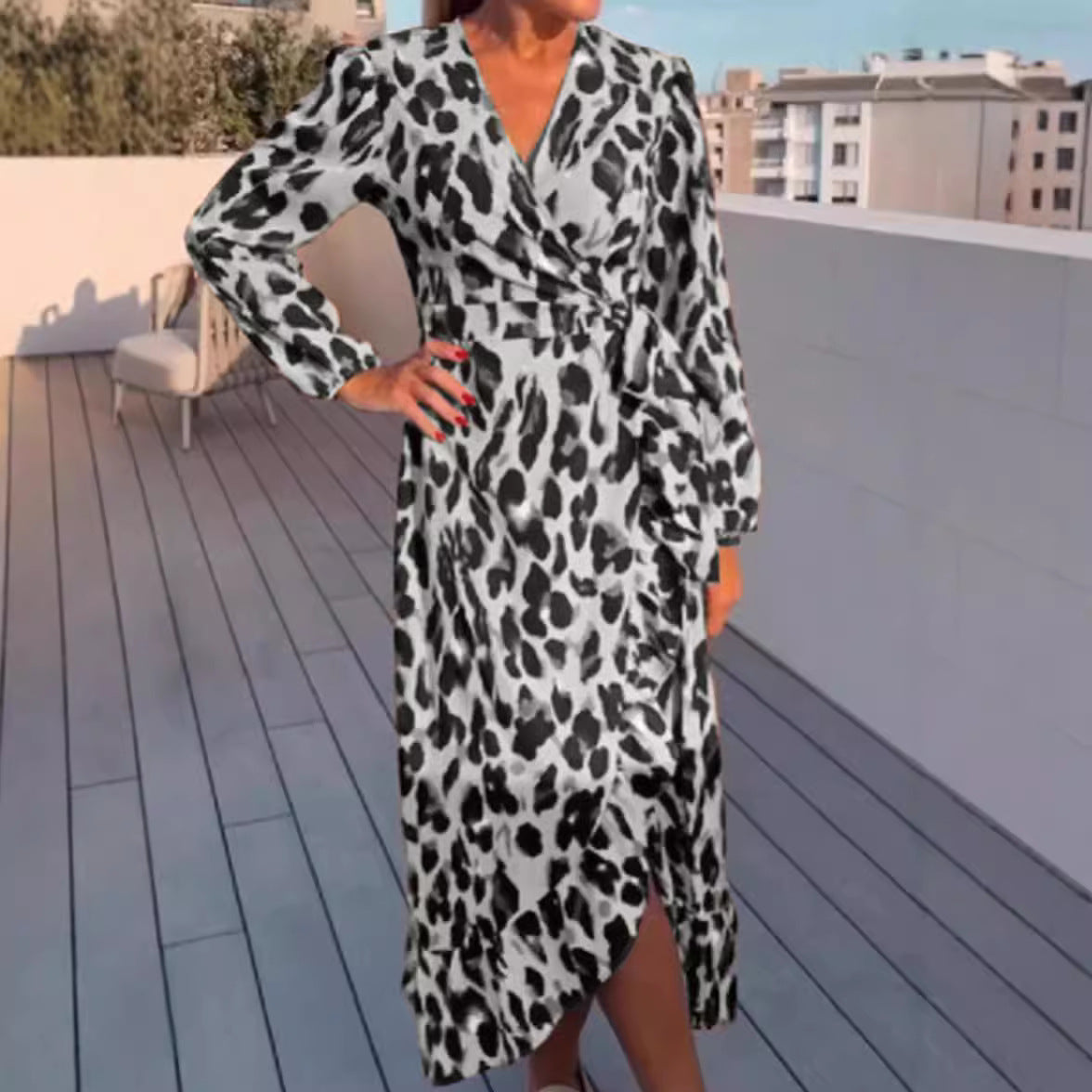 Women's Leopard Print Wrap Maxi Dress Long Sleeve V-Neck