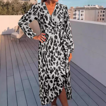 Women's Leopard Print Wrap Maxi Dress Long Sleeve V-Neck