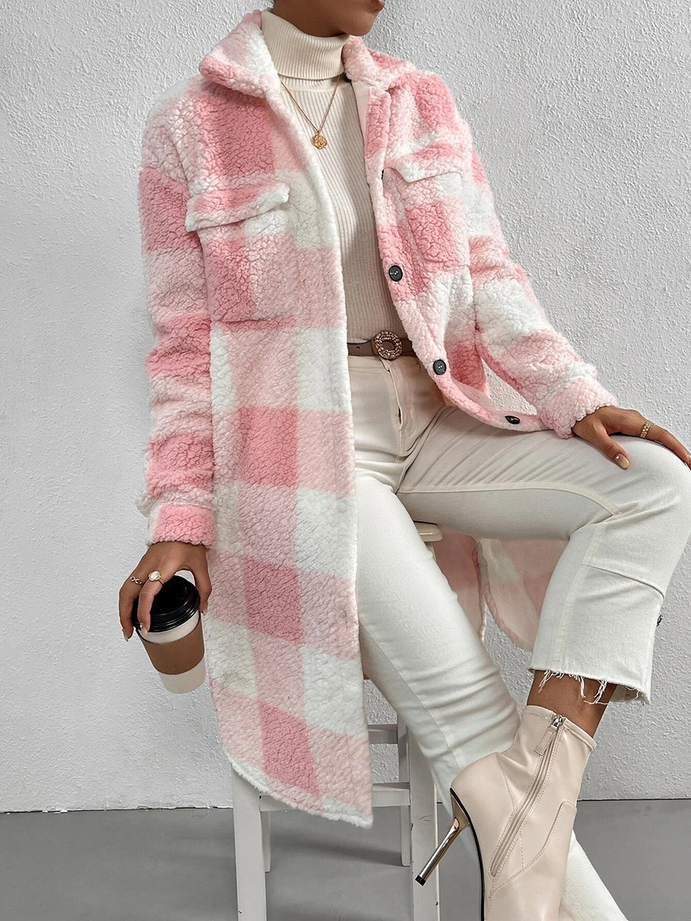 Women's Plaid Sherpa Fleece Long Coat Collared Jacket