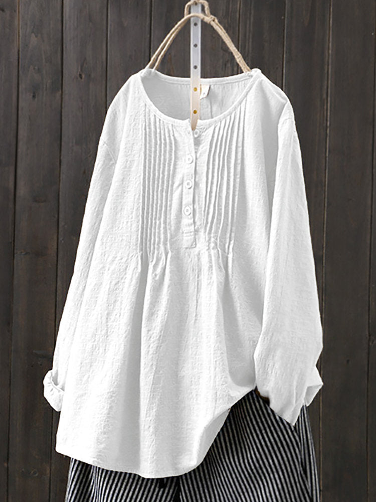 Women's Cotton Linen Pleated Blouse Plus Size Top