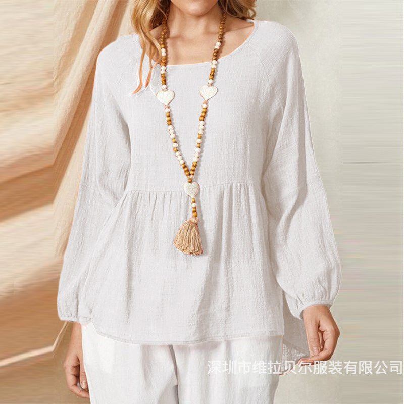 Plus Size Boho Peasant Top Lantern Sleeve Linen Blouse