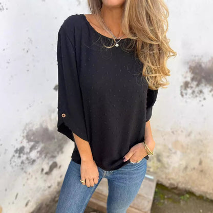 Women's Loose Swiss Dot Blouse 3/4 Sleeve Round Neck