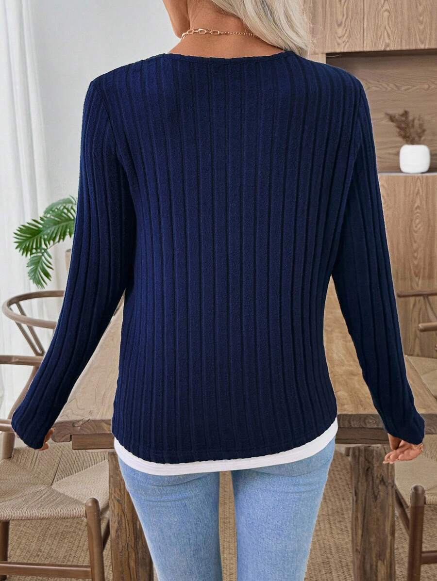 Ribbed Faux Layered Henley Long Sleeve Casual Top