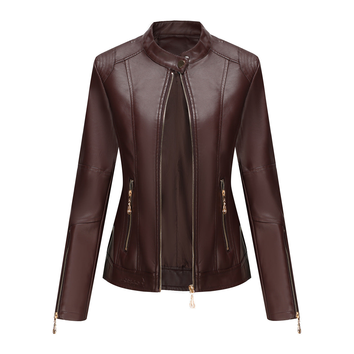 Women's Faux Leather Stand Collar Moto Jacket Zip Up