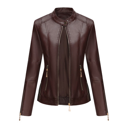 Women's Faux Leather Stand Collar Moto Jacket Zip Up