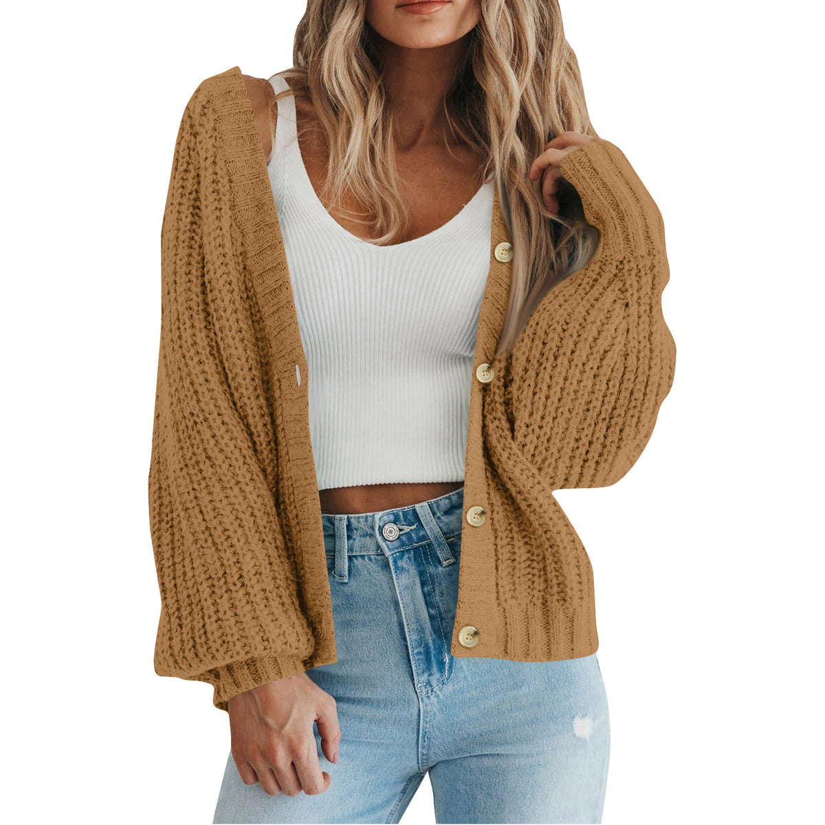Chunky Knit Balloon Sleeve Button Cardigan