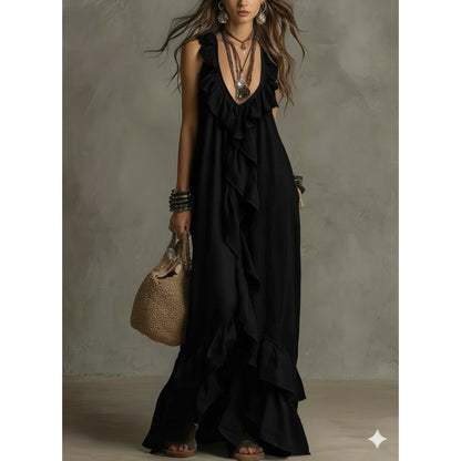 Women's Boho Ruffle V-Neck Sleeveless Maxi Dress