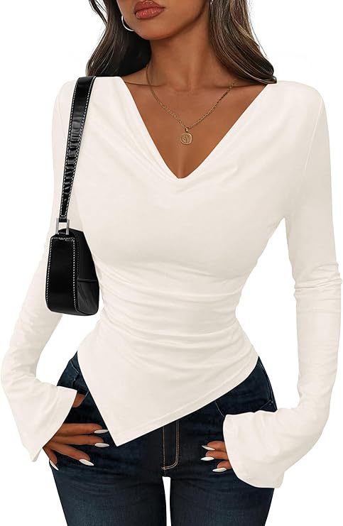 Women's Cowl Neck Long Sleeve Asymmetric Fitted Top