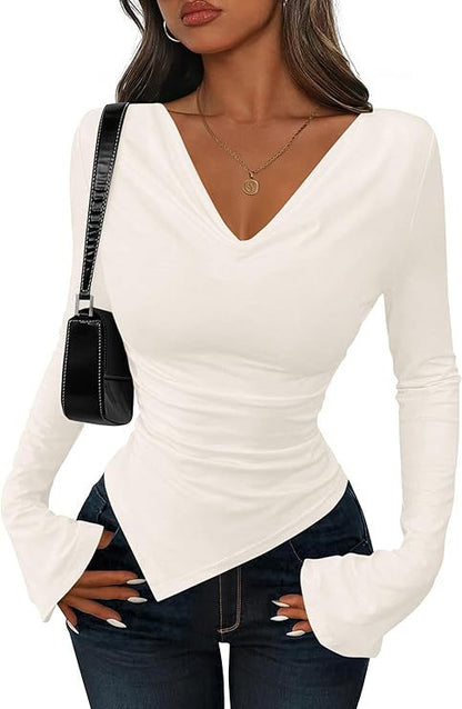 Women's Cowl Neck Long Sleeve Asymmetric Fitted Top