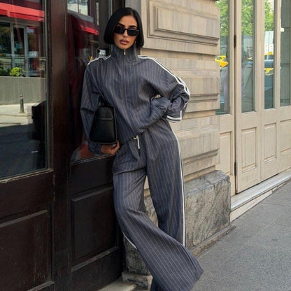Women Side Stripe Zip Jacket Wide Leg Pants Two Piece Set